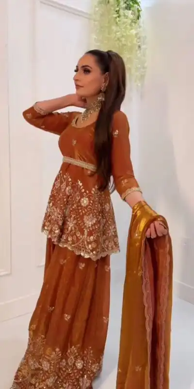 ZSR 3162 Rust Fendy Silk Salwar Suit with Mirror Work & Embroidery Work. Best Price ₹2149. Delivery 4-6 Working Days. Shop now. | Jump Suits, Salwar suit, Designer Suits, Casual Suits, Creative suits, Palazzo Suits, Party Wear Suits, Patiala Suits, Straight Suits