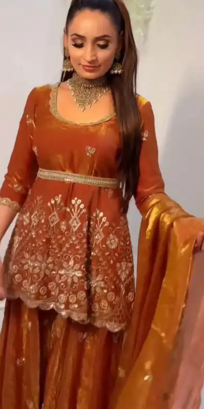 ZSR 3162 Rust Fendy Silk Salwar Suit with Mirror Work & Embroidery Work. Best Price ₹2149. Delivery 4-6 Working Days. Shop now. | Jump Suits, Salwar suit, Designer Suits, Casual Suits, Creative suits, Palazzo Suits, Party Wear Suits, Patiala Suits, Straight Suits