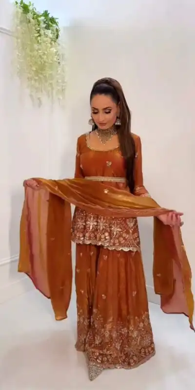 ZSR 3162 Rust Fendy Silk Salwar Suit with Mirror Work & Embroidery Work. Best Price ₹2149. Delivery 4-6 Working Days. Shop now. | Jump Suits, Salwar suit, Designer Suits, Casual Suits, Creative suits, Palazzo Suits, Party Wear Suits, Patiala Suits, Straight Suits