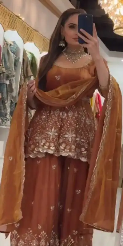 ZSR 3162 Rust Fendy Silk Salwar Suit with Mirror Work & Embroidery Work. Best Price ₹2149. Delivery 4-6 Working Days. Shop now. | Jump Suits, Salwar suit, Designer Suits, Casual Suits, Creative suits, Palazzo Suits, Party Wear Suits, Patiala Suits, Straight Suits