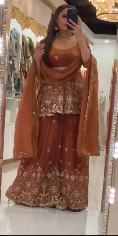 ZSR 3162 Rust Fendy Silk Salwar Suit with Mirror Work & Embroidery Work. Best Price ₹2149. Delivery 4-6 Working Days. Shop now. | Jump Suits, Salwar suit, Designer Suits, Casual Suits, Creative suits, Palazzo Suits, Party Wear Suits, Patiala Suits, Straight Suits