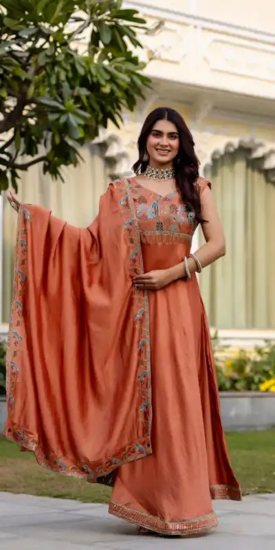 RR 39 Rust Vichitra Silk Gown Perfect for Wedding, Party, Holi, Anniversary, Mehendi –. Grab it for ₹2149. Delivery 4-6 Working Days. Shop now. | Gowns, Bollywood Gowns, Creative Gowns, Designer Gowns, Embroidered Gowns, Party Wear Gowns