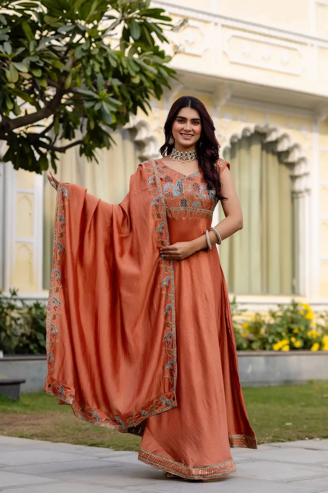 RR 39 Rust Vichitra Silk Gown Perfect for Wedding, Party, Holi, Anniversary, Mehendi –. Grab it for ₹2149. Delivery 4-6 Working Days. Shop now. | Gowns, Bollywood Gowns, Creative Gowns, Designer Gowns, Embroidered Gowns, Party Wear Gowns