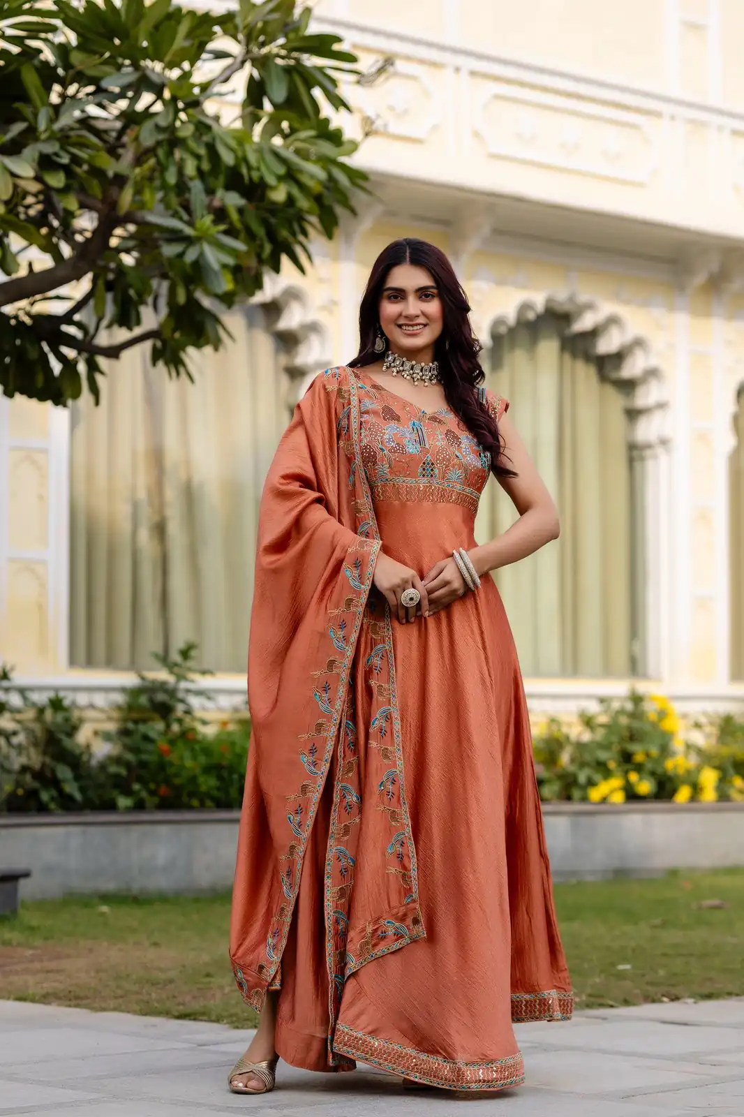 RR 39 Rust Vichitra Silk Gown Perfect for Wedding, Party, Holi, Anniversary, Mehendi –. Grab it for ₹2149. Delivery 4-6 Working Days. Shop now. | Gowns, Bollywood Gowns, Creative Gowns, Designer Gowns, Embroidered Gowns, Party Wear Gowns