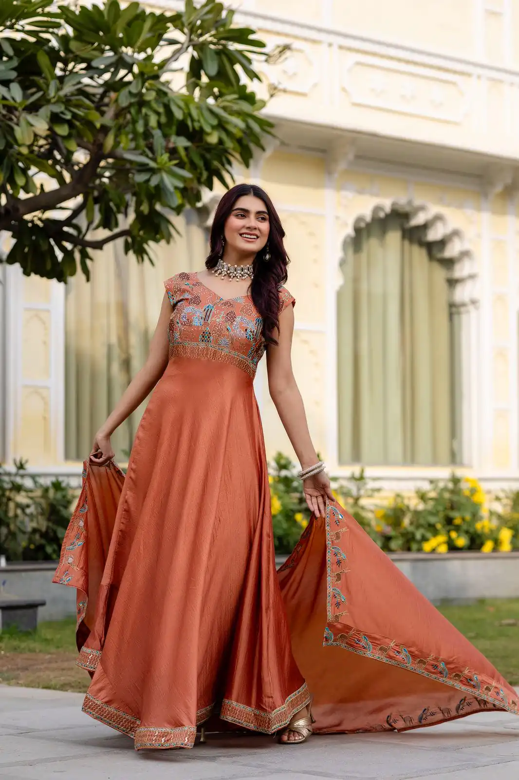 RR 39 Rust Vichitra Silk Gown Perfect for Wedding, Party, Holi, Anniversary, Mehendi –. Grab it for ₹2149. Delivery 4-6 Working Days. Shop now. | Gowns, Bollywood Gowns, Creative Gowns, Designer Gowns, Embroidered Gowns, Party Wear Gowns