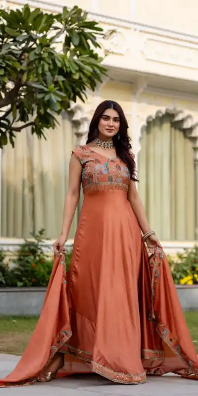 RR 39 Rust Vichitra Silk Gown Perfect for Wedding, Party, Holi, Anniversary, Mehendi –. Grab it for ₹2149. Delivery 4-6 Working Days. Shop now. | Gowns, Bollywood Gowns, Creative Gowns, Designer Gowns, Embroidered Gowns, Party Wear Gowns