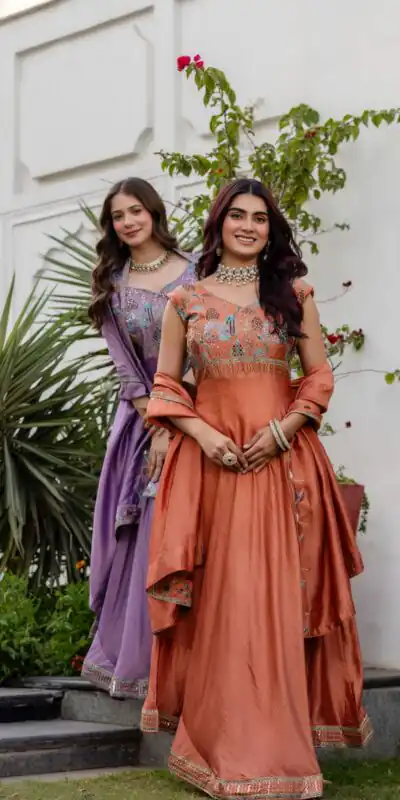 RR 39 Rust Vichitra Silk Gown Perfect for Wedding, Party, Holi, Anniversary, Mehendi –. Grab it for ₹2149. Delivery 4-6 Working Days. Shop now. | Gowns, Bollywood Gowns, Creative Gowns, Designer Gowns, Embroidered Gowns, Party Wear Gowns