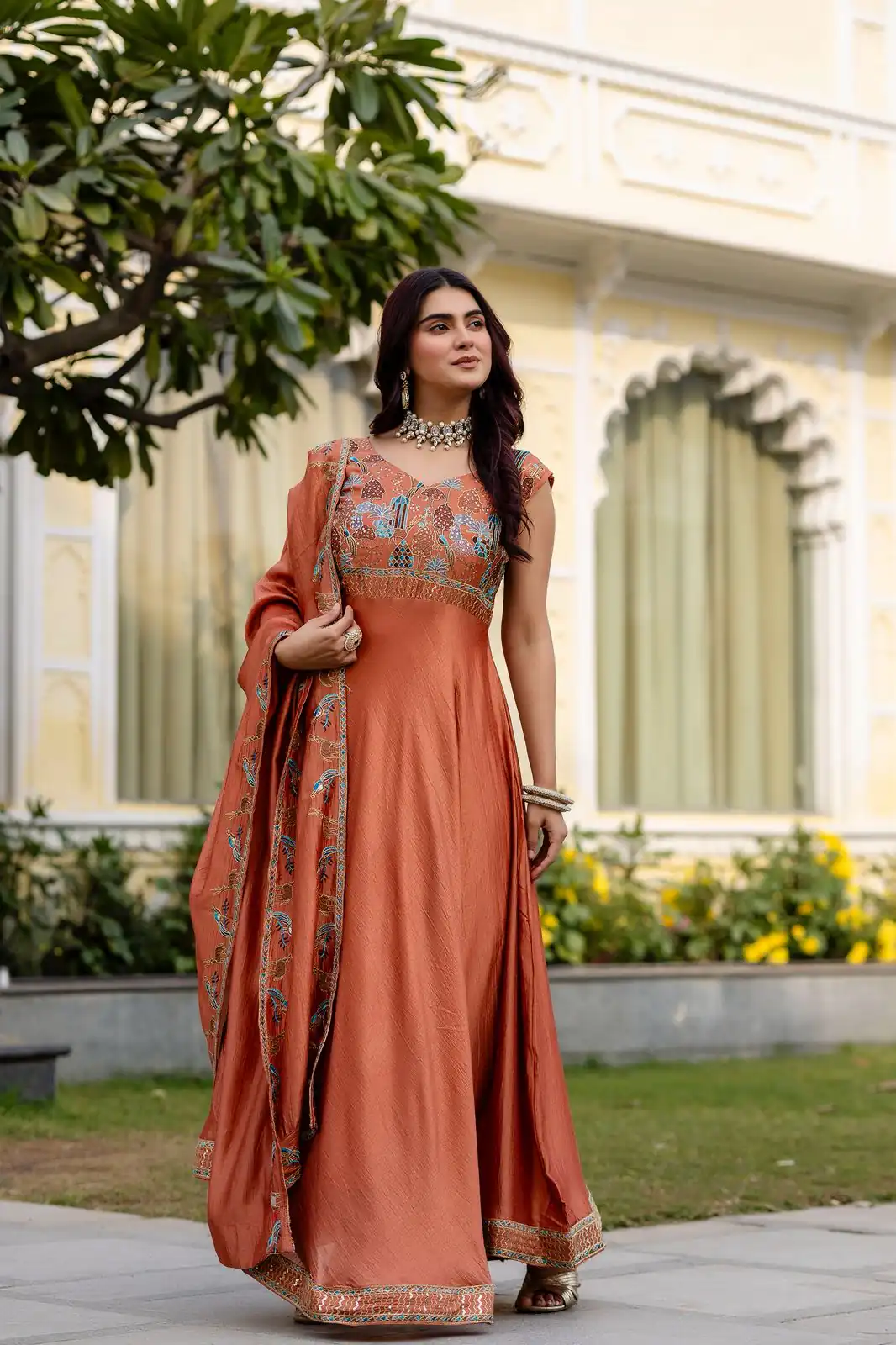 RR 39 Rust Vichitra Silk Gown Perfect for Wedding, Party, Holi, Anniversary, Mehendi –. Grab it for ₹2149. Delivery 4-6 Working Days. Shop now. | Gowns, Bollywood Gowns, Creative Gowns, Designer Gowns, Embroidered Gowns, Party Wear Gowns