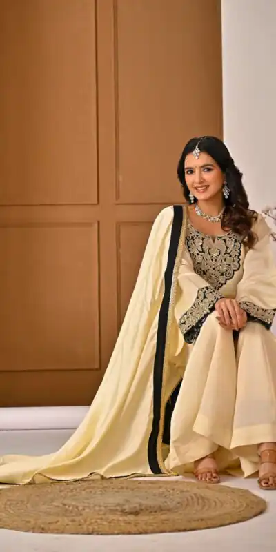 MD 3079 Cream Color Roman Silk Salwar Suit with Embroidery Work. Available at ₹2499 only. Delivery 4-6 Working Days. Shop now. | Jump Suits, Salwar suit, Designer Suits, Casual Suits, Creative suits, Palazzo Suits, Party Wear Suits, Patiala Suits, Straight Suits