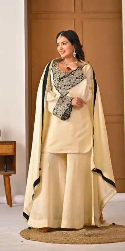 MD 3079 Cream Color Roman Silk Salwar Suit with Embroidery Work. Available at ₹2499 only. Delivery 4-6 Working Days. Shop now. | Jump Suits, Salwar suit, Designer Suits, Casual Suits, Creative suits, Palazzo Suits, Party Wear Suits, Patiala Suits, Straight Suits