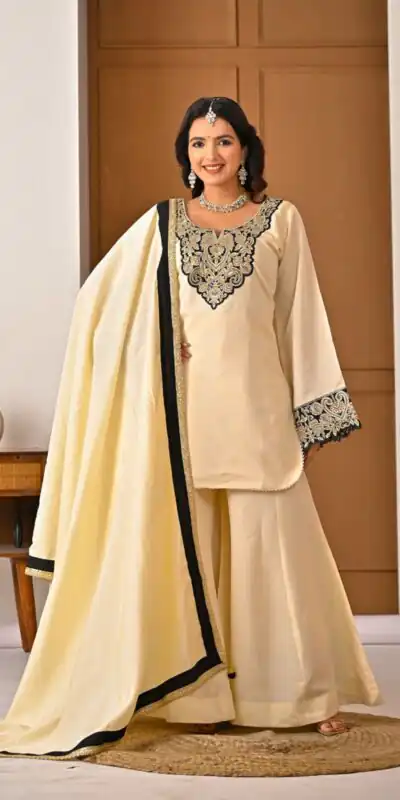 MD 3079 Cream Color Roman Silk Salwar Suit with Embroidery Work. Available at ₹2499 only. Delivery 4-6 Working Days. Shop now. | Jump Suits, Salwar suit, Designer Suits, Casual Suits, Creative suits, Palazzo Suits, Party Wear Suits, Patiala Suits, Straight Suits