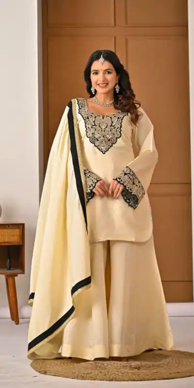 MD 3079 Cream Color Roman Silk Salwar Suit with Embroidery Work. Available at ₹2499 only. Delivery 4-6 Working Days. Shop now. | Jump Suits, Salwar suit, Designer Suits, Casual Suits, Creative suits, Palazzo Suits, Party Wear Suits, Patiala Suits, Straight Suits