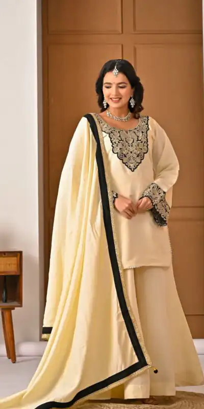 MD 3079 Cream Color Roman Silk Salwar Suit with Embroidery Work. Available at ₹2499 only. Delivery 4-6 Working Days. Shop now. | Jump Suits, Salwar suit, Designer Suits, Casual Suits, Creative suits, Palazzo Suits, Party Wear Suits, Patiala Suits, Straight Suits