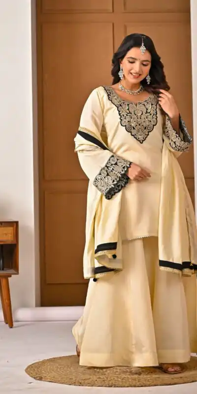 MD 3079 Cream Color Roman Silk Salwar Suit with Embroidery Work. Available at ₹2499 only. Delivery 4-6 Working Days. Shop now. | Jump Suits, Salwar suit, Designer Suits, Casual Suits, Creative suits, Palazzo Suits, Party Wear Suits, Patiala Suits, Straight Suits