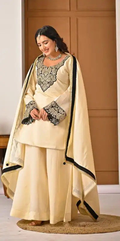 MD 3079 Cream Color Roman Silk Salwar Suit with Embroidery Work. Available at ₹2499 only. Delivery 4-6 Working Days. Shop now. | Jump Suits, Salwar suit, Designer Suits, Casual Suits, Creative suits, Palazzo Suits, Party Wear Suits, Patiala Suits, Straight Suits