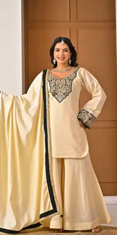 MD 3079 Cream Color Roman Silk Salwar Suit with Embroidery Work. Available at ₹2499 only. Delivery 4-6 Working Days. Shop now. | Jump Suits, Salwar suit, Designer Suits, Casual Suits, Creative suits, Palazzo Suits, Party Wear Suits, Patiala Suits, Straight Suits