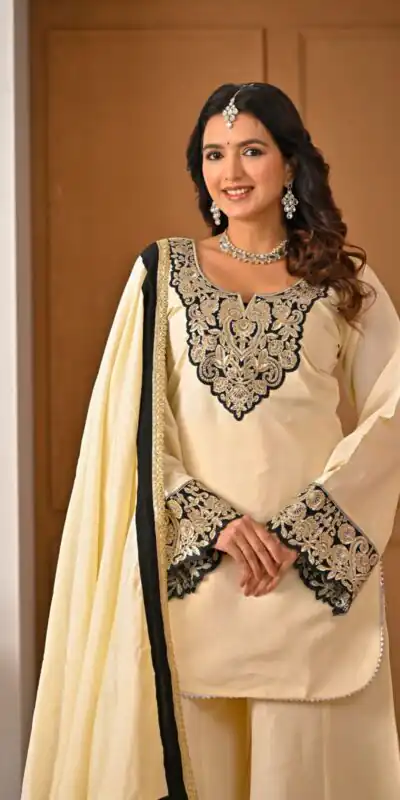 MD 3079 Cream Color Roman Silk Salwar Suit with Embroidery Work. Available at ₹2499 only. Delivery 4-6 Working Days. Shop now. | Jump Suits, Salwar suit, Designer Suits, Casual Suits, Creative suits, Palazzo Suits, Party Wear Suits, Patiala Suits, Straight Suits