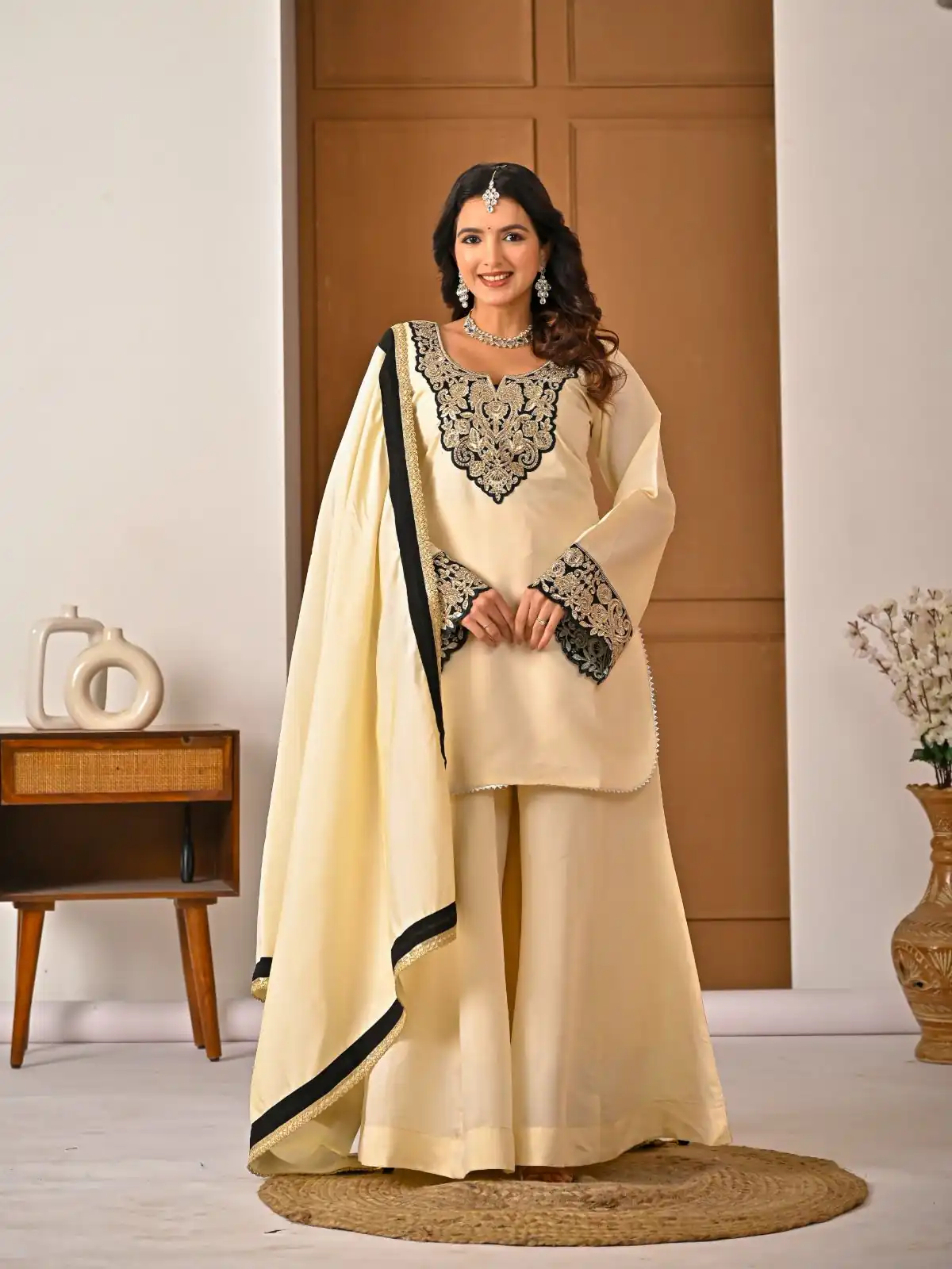 MD 3079 Cream Color Roman Silk Salwar Suit with Embroidery Work. Available at ₹2499 only. Delivery 4-6 Working Days. Shop now. | Jump Suits, Salwar suit, Designer Suits, Casual Suits, Creative suits, Palazzo Suits, Party Wear Suits, Patiala Suits, Straight Suits
