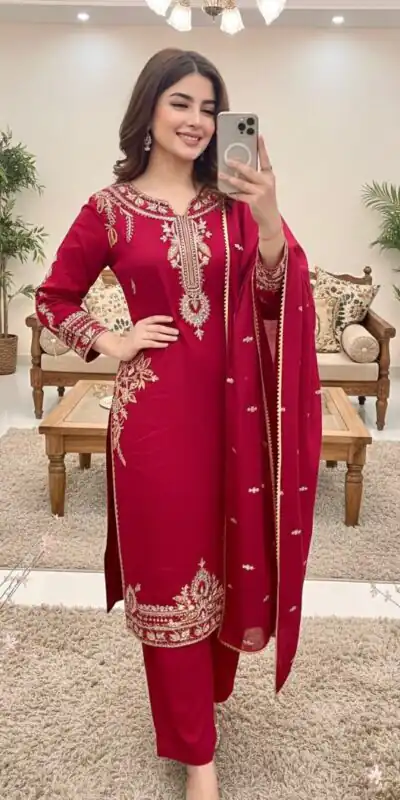 MT 1066 Red Color Roman Silk Salwar Suit with Embroidery Work. Available at ₹2049 only. Delivery 4-6 Working Days. Shop now. | Jump Suits, Salwar suit, Designer Suits, Casual Suits, Creative suits, Palazzo Suits, Party Wear Suits, Patiala Suits, Straight Suits