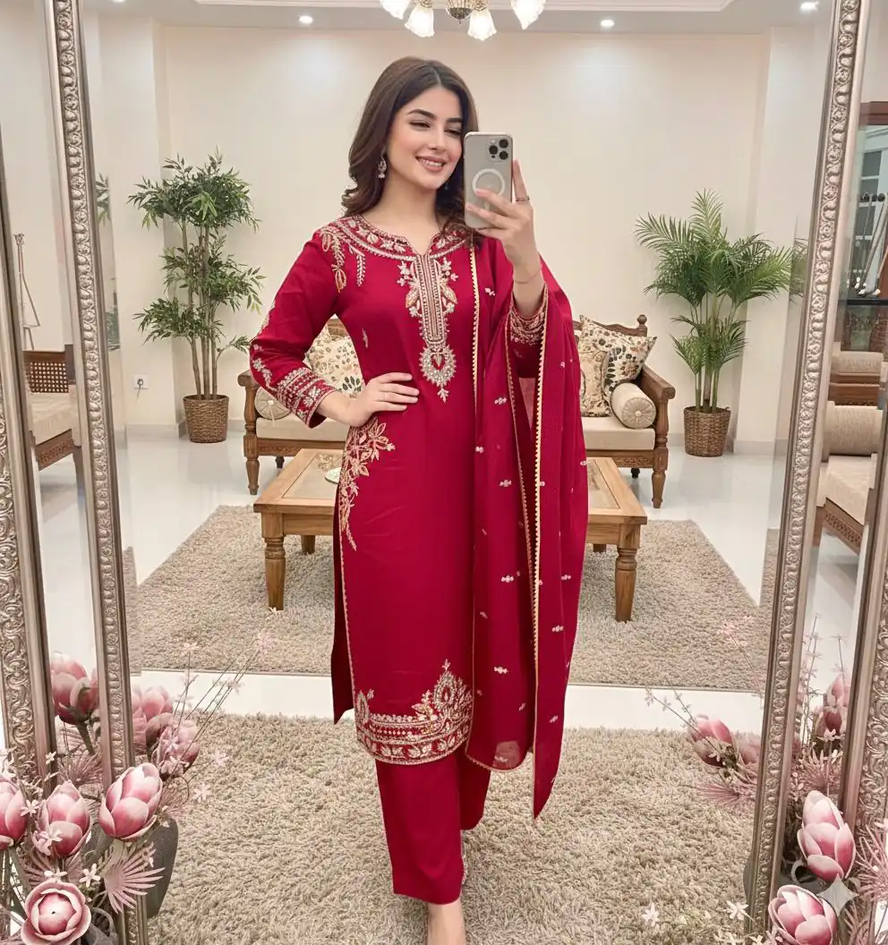 MT 1066 Red Color Roman Silk Salwar Suit with Embroidery Work. Available at ₹2049 only. Delivery 4-6 Working Days. Shop now. | Jump Suits, Salwar suit, Designer Suits, Casual Suits, Creative suits, Palazzo Suits, Party Wear Suits, Patiala Suits, Straight Suits