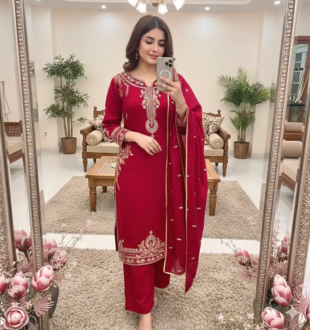 MT 1066 Red Color Roman Silk Salwar Suit with Embroidery Work. Available at ₹2049 only. Delivery 4-6 Working Days. Shop now. | Jump Suits, Salwar suit, Designer Suits, Casual Suits, Creative suits, Palazzo Suits, Party Wear Suits, Patiala Suits, Straight Suits