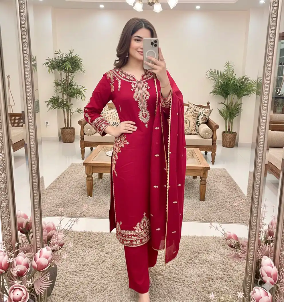 MT 1066 Red Color Roman Silk Salwar Suit with Embroidery Work. Available at ₹2049 only. Delivery 4-6 Working Days. Shop now. | Jump Suits, Salwar suit, Designer Suits, Casual Suits, Creative suits, Palazzo Suits, Party Wear Suits, Patiala Suits, Straight Suits