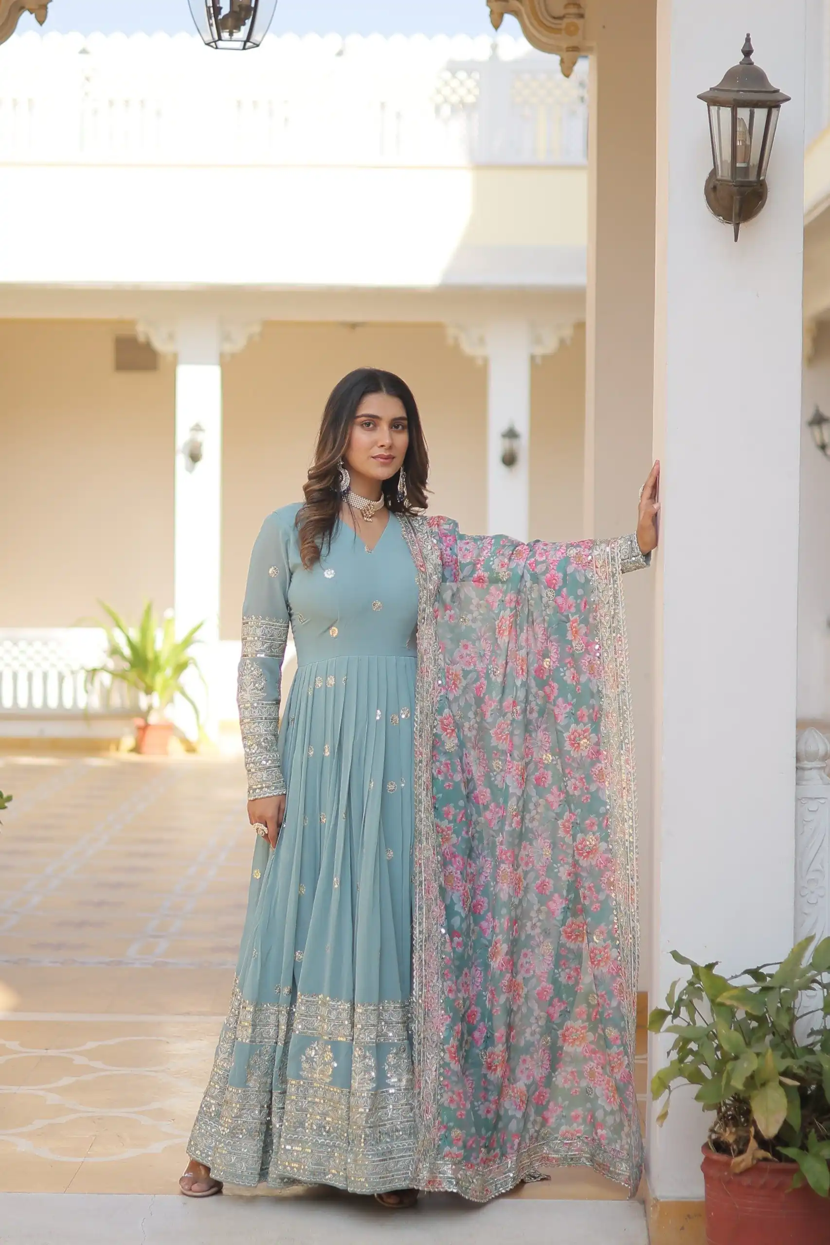 KA 1078 Sky Blue Faux Georgette Gown Perfect for Wedding, Party, Makar Sankranti, Karwa Chauth, Ethnic Day – . Now at just ₹3349. Delivery 4-6 Working D | Gowns, Bollywood Gowns, Creative Gowns, Designer Gowns, Embroidered Gowns, Party Wear Gowns