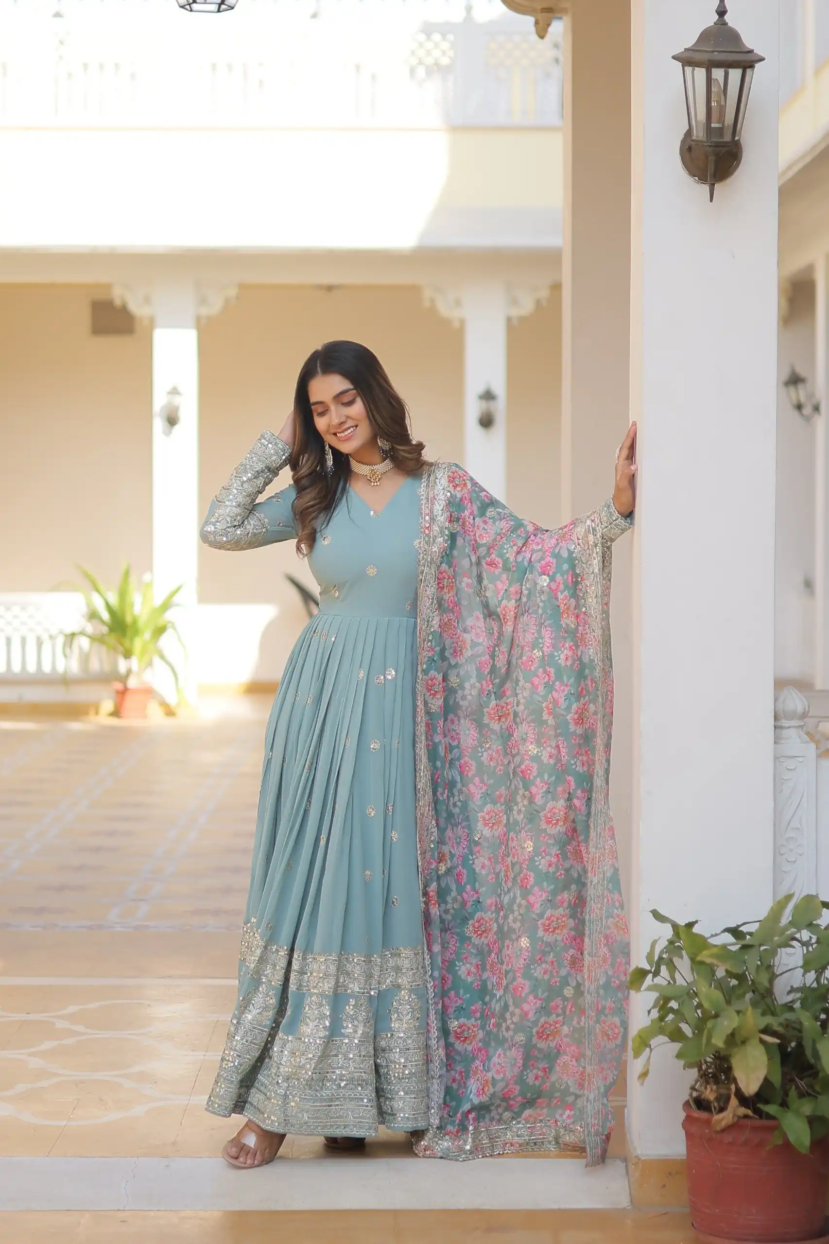 KA 1078 Sky Blue Faux Georgette Gown Perfect for Wedding, Party, Makar Sankranti, Karwa Chauth, Ethnic Day – . Now at just ₹3349. Delivery 4-6 Working D | Gowns, Bollywood Gowns, Creative Gowns, Designer Gowns, Embroidered Gowns, Party Wear Gowns