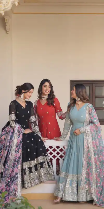 KA 1078 Sky Blue Faux Georgette Gown Perfect for Wedding, Party, Makar Sankranti, Karwa Chauth, Ethnic Day – . Now at just ₹3349. Delivery 4-6 Working D | Gowns, Bollywood Gowns, Creative Gowns, Designer Gowns, Embroidered Gowns, Party Wear Gowns