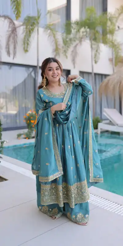 KA 1233 Sky Blue Super Silk Salwar SuitPerfect for Wedding, Party, Sangeet, Family Gatherings, Reception – . Festive Deal ₹2649. Delivery 4-6 Working Da | Jump Suits, Salwar suit, Designer Suits, Casual Suits, Creative suits, Palazzo Suits, Party Wear Suits, Patiala Suits, Straight Suits