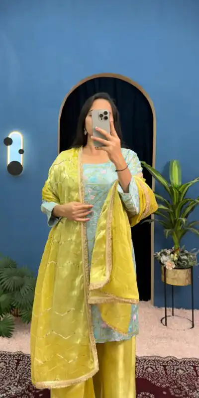ST 1099 Sky Blue Zimmy Silk Salwar Suit Perfect for Wedding, Party, Karwa Chauth, Haldi, Eid â . Special Price âš2449. Delivery 4-6 Working Days. Shop no | Jump Suits, Salwar suit, Designer Suits, Casual Suits, Creative suits, Palazzo Suits, Party Wear Suits, Patiala Suits, Straight Suits