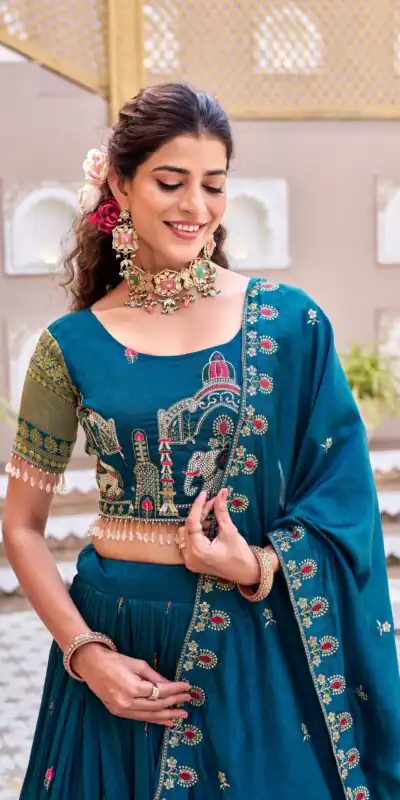 Ram 163 Teal in Color Vichitra Silk Embroidery Work Lehenga Choli . Now at just ₹3049. Delivery 4-6 Working Days. Shop now. | Lehenga, Bollywood Lehenga, Creative Lehenga, Designer Lehenga, Embroidered Lehenga, Party Wear Lehenga