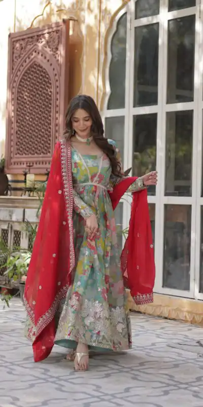 KA 1159 Sky Blue Russian Silk Gown Perfect for Wedding, Party, Ethnic Day, Haldi, Traditional Day – . Special Price ₹3149. Delivery 4-6 Working Day | Gowns, Bollywood Gowns, Creative Gowns, Designer Gowns, Embroidered Gowns, Party Wear Gowns