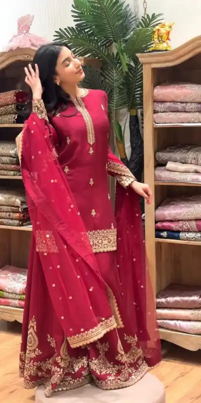MF 501 Red Natural Crep Salwar Suit Brown with Embroidery Work. Exclusive Offer ₹2549. Delivery 4-6 Working Days. Shop now. | Jump Suits, Salwar suit, Designer Suits, Casual Suits, Creative suits, Palazzo Suits, Party Wear Suits, Patiala Suits, Straight Suits