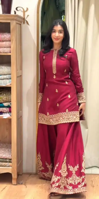 MF 501 Red Natural Crep Salwar Suit Brown with Embroidery Work. Exclusive Offer ₹2549. Delivery 4-6 Working Days. Shop now. | Jump Suits, Salwar suit, Designer Suits, Casual Suits, Creative suits, Palazzo Suits, Party Wear Suits, Patiala Suits, Straight Suits