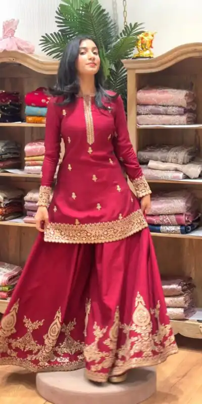 MF 501 Red Natural Crep Salwar Suit Brown with Embroidery Work. Exclusive Offer ₹2549. Delivery 4-6 Working Days. Shop now. | Jump Suits, Salwar suit, Designer Suits, Casual Suits, Creative suits, Palazzo Suits, Party Wear Suits, Patiala Suits, Straight Suits