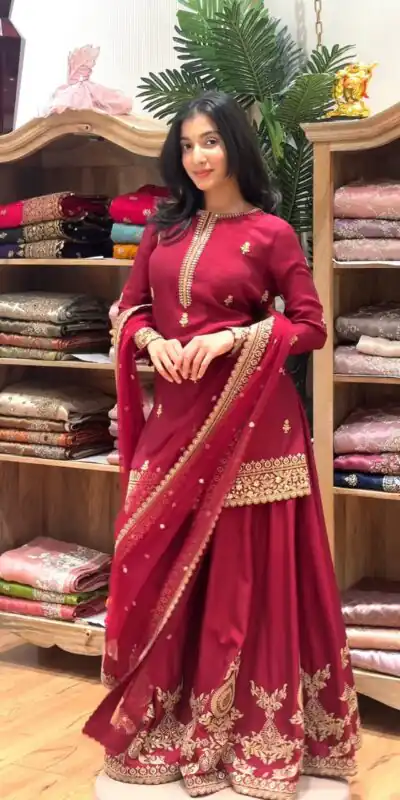 MF 501 Red Natural Crep Salwar Suit Brown with Embroidery Work. Exclusive Offer ₹2549. Delivery 4-6 Working Days. Shop now. | Jump Suits, Salwar suit, Designer Suits, Casual Suits, Creative suits, Palazzo Suits, Party Wear Suits, Patiala Suits, Straight Suits