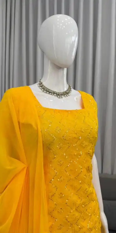 KD 1543 Yellow Faux Georgette Salwar Suit with Designer Work. Introductory Price ₹1949. Delivery 4-6 Working Days. Shop now. | Jump Suits, Salwar suit, Designer Suits, Casual Suits, Creative suits, Palazzo Suits, Party Wear Suits, Patiala Suits, Straight Suits