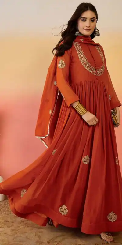 ZF 501 Rust Color Fox Blooming Georgette Gown with Lace Work. Affordable Price ₹2149. Delivery 4-6 Working Days. Shop now. | Gowns, Bollywood Gowns, Creative Gowns, Designer Gowns, Embroidered Gowns, Party Wear Gowns