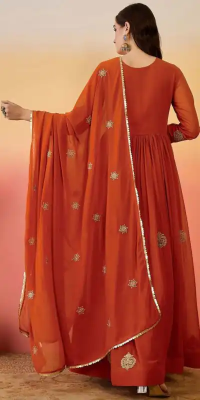 ZF 501 Rust Color Fox Blooming Georgette Gown with Lace Work. Affordable Price ₹2149. Delivery 4-6 Working Days. Shop now. | Gowns, Bollywood Gowns, Creative Gowns, Designer Gowns, Embroidered Gowns, Party Wear Gowns
