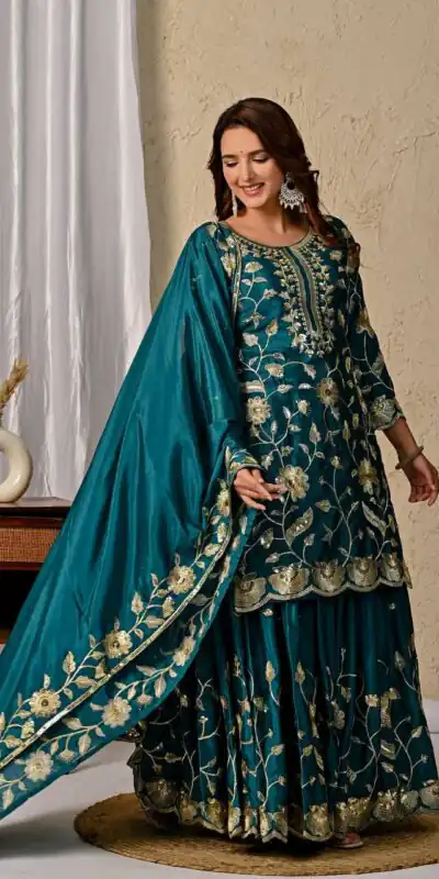 MD 3057 Teal Chinon Silk Salwar Suit with Embroidery Work & Lace Work. Affordable Price ₹2149. Delivery 4-6 Working Days. Shop now. | Jump Suits, Salwar suit, Designer Suits, Casual Suits, Creative suits, Palazzo Suits, Party Wear Suits, Patiala Suits, Straight Suits