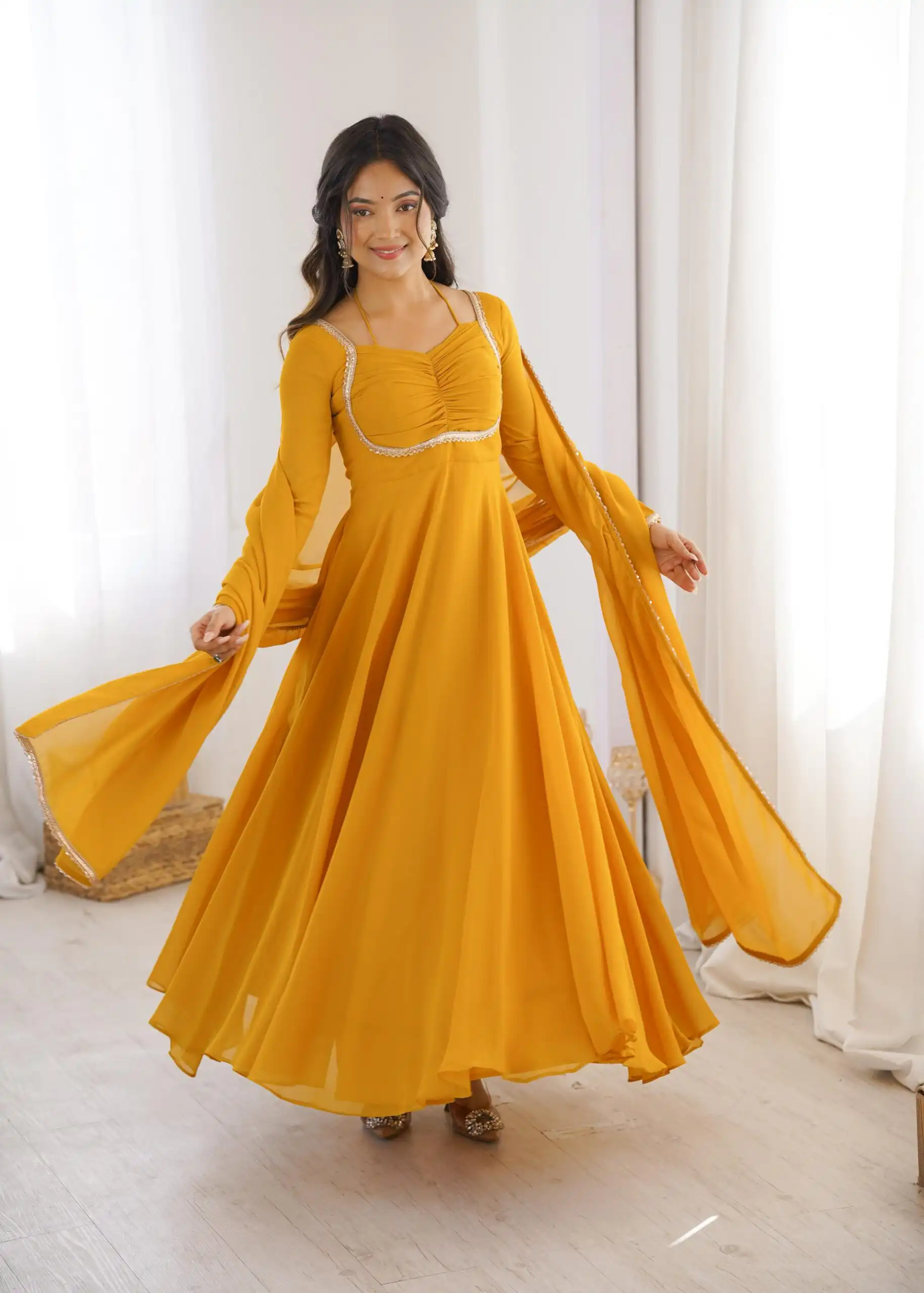 KB 291 Yellow Color Fox Blooming Georgette Gown with Lace Work. Affordable Price ₹1899. Delivery 4-6 Working Days. Shop now. | Gowns, Bollywood Gowns, Creative Gowns, Designer Gowns, Embroidered Gowns, Party Wear Gowns