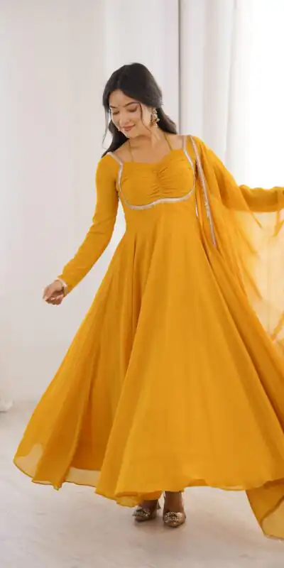KB 291 Yellow Color Fox Blooming Georgette Gown with Lace Work. Affordable Price ₹1899. Delivery 4-6 Working Days. Shop now. | Gowns, Bollywood Gowns, Creative Gowns, Designer Gowns, Embroidered Gowns, Party Wear Gowns