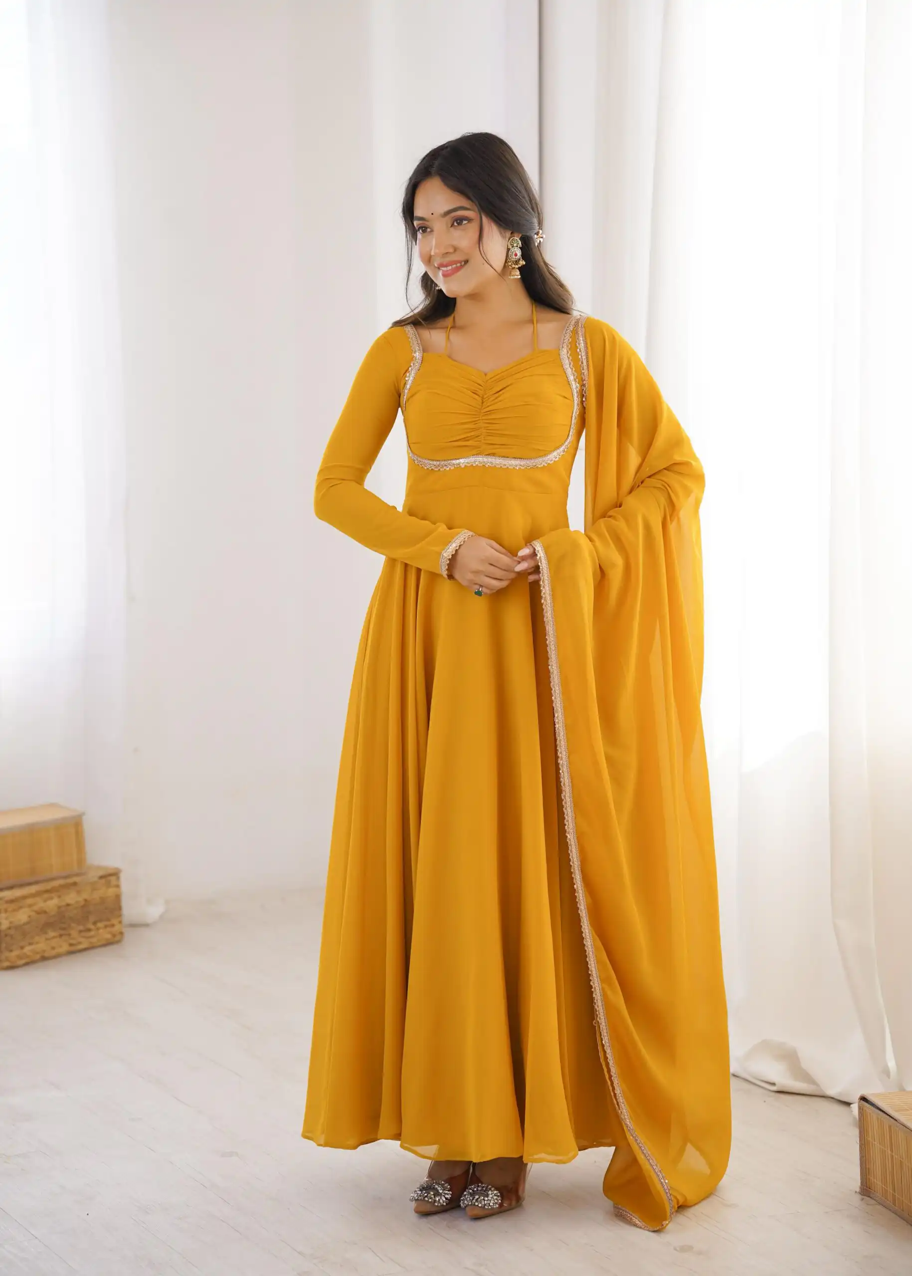 KB 291 Yellow Color Fox Blooming Georgette Gown with Lace Work. Affordable Price ₹1899. Delivery 4-6 Working Days. Shop now. | Gowns, Bollywood Gowns, Creative Gowns, Designer Gowns, Embroidered Gowns, Party Wear Gowns