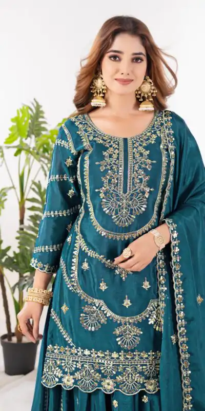 ND 5033 Teal Chinon Silk Salwar Suit with Embroidery Work & Lace Work. Affordable Price ₹2149. Delivery 4-6 Working Days. Shop now. | Jump Suits, Straight Suits, Salwar suit, Designer Suits, Casual Suits, Creative suits, Palazzo Suits, Party Wear Suits, Patiala Suits