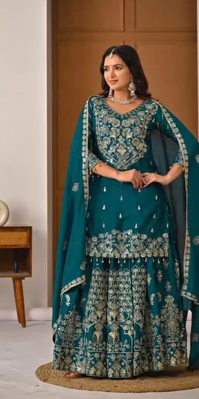 NF 1245 Teal Chinon Silk Lehenga Choli with Embroidery Work & Zari Work. Now at just ₹2449. Delivery 4-6 Working Days. Shop now. | Lehenga, Bollywood Lehenga, Creative Lehenga, Designer Lehenga, Embroidered Lehenga, Party Wear Lehenga