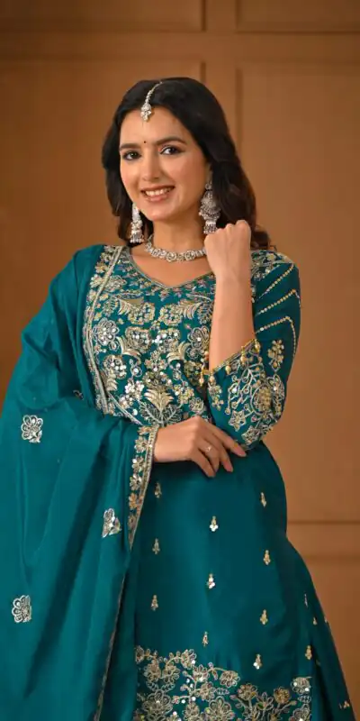 NF 1245 Teal Chinon Silk Lehenga Choli with Embroidery Work & Zari Work. Now at just ₹2449. Delivery 4-6 Working Days. Shop now. | Lehenga, Bollywood Lehenga, Creative Lehenga, Designer Lehenga, Embroidered Lehenga, Party Wear Lehenga
