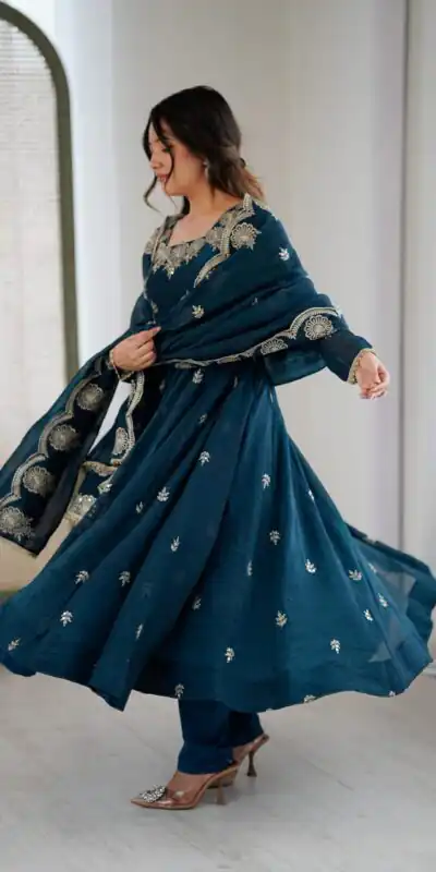 ZF 5011 Teal Crunchy Silk Gown with Embroidery Work. Wedding, Party, Festive, Events Best Price ₹2099. Delivery 4-6 Working Days. Shop now. | Gowns, Bollywood Gowns, Creative Gowns, Designer Gowns, Embroidered Gowns, Party Wear Gowns