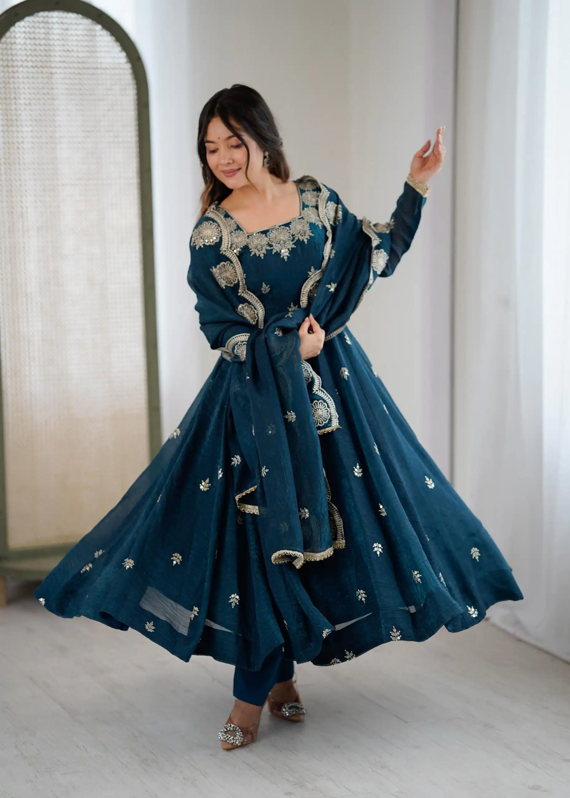 ZF 5011 Teal Crunchy Silk Gown with Embroidery Work. Wedding, Party, Festive, Events Best Price ₹2099. Delivery 4-6 Working Days. Shop now. | Gowns, Bollywood Gowns, Creative Gowns, Designer Gowns, Embroidered Gowns, Party Wear Gowns