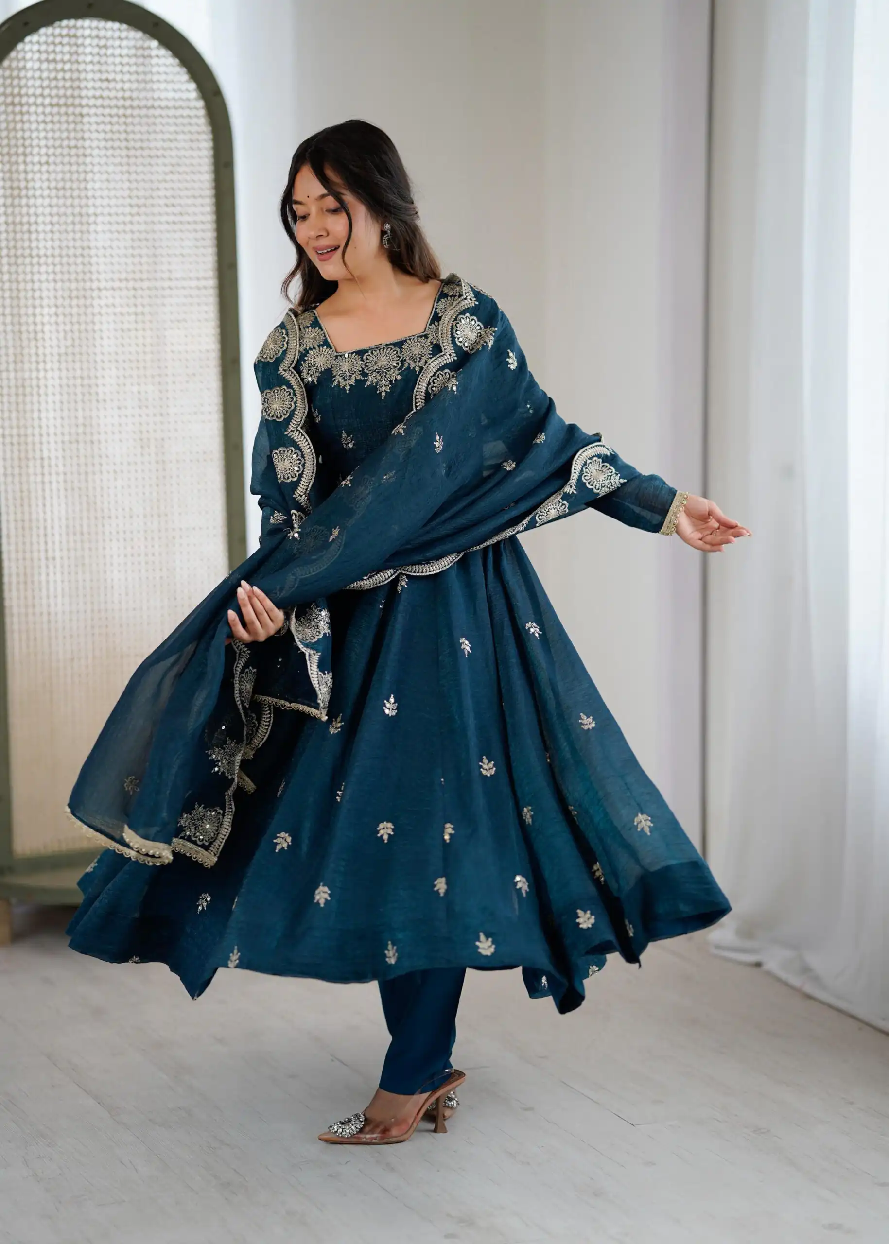 ZF 5011 Teal Crunchy Silk Gown with Embroidery Work. Wedding, Party, Festive, Events Best Price ₹2099. Delivery 4-6 Working Days. Shop now. | Gowns, Bollywood Gowns, Creative Gowns, Designer Gowns, Embroidered Gowns, Party Wear Gowns